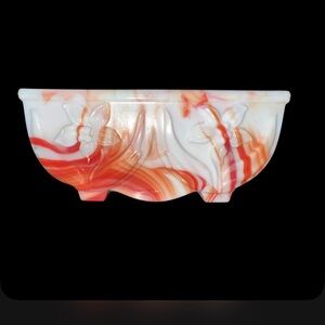 Vintage AKRO AGATE Red & Orange Marble Swirl Slag Glass Daffodil Planter‎ USA